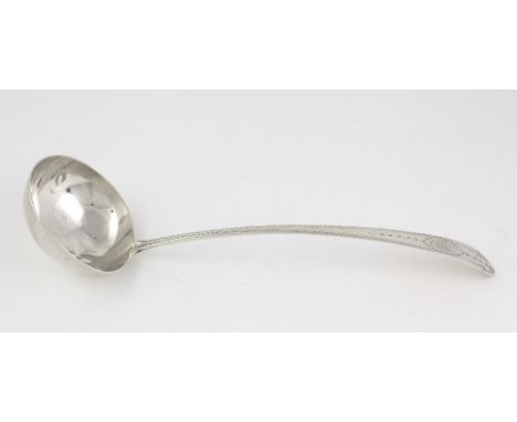 An 18th Century Irish silver Soup Ladle, with bright cut handle and plain bowl, Dublin c. 1795, possibly by John Daly, approx