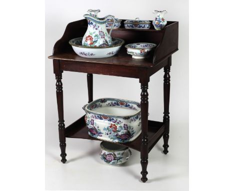 A Victorian mahogany Washstand, with decorative floral porcelain basin and ewer and other accoutrements; together with a Geor