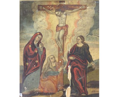 Early Continental School"The Crucifixion," oil on board, approx. 41cms x 34cms (16" x 13 1/2") light gilt frame. (1)