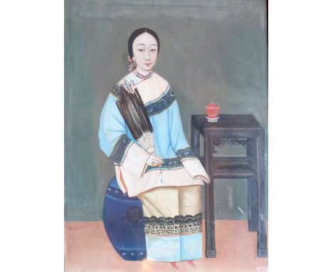 Chinese - Hong Kong School, c. 1850"Fine full length portrait of young Chinese Woman seated by a tall ebony table," approx. 5