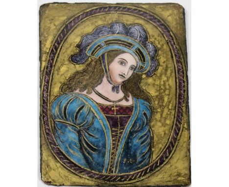 A 19th Century gilt and polychrome enamel Portrait Panel, depicting a Medieval Woman, signed with initials S.C., 6" x 4 1/2" 