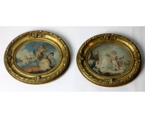 A pair of 19th Century coloured Bartolozzi oval Prints, of children playing with butterflies and skating, each in ornate gilt