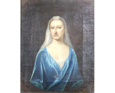 18th Century English School"Portrait of Lady Stanhope wearing veil and blue satin dress," O.O.C., inscribed on verso, 10" x 8