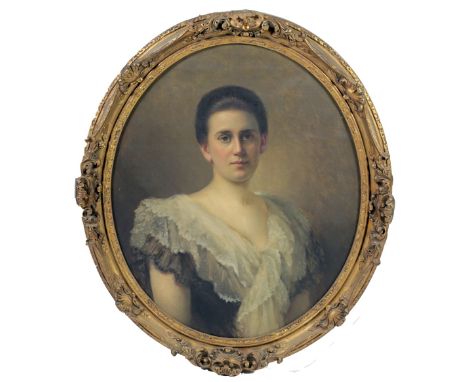 20th Century English SchoolA fine large oval "Portrait, head and shoulders of an attractive lady with low-cut lace trimmed dr