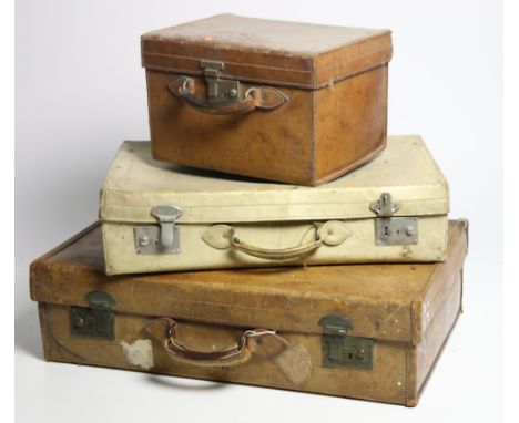 A collection of varied old leather and vellum Travel Cases, a rectangular steel bound Trunk, etc. As a lot. (1)