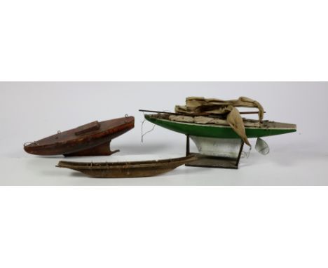 Two wooden Model Boats, one with sails and a stand, and another item. A lot. (3)