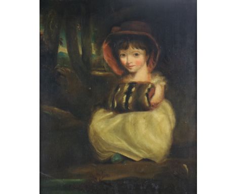 19th Century Irish School"Hon. Anne de Burgh'' ( 1818 - 1872)  Portrait as a young girl in a bonnet seated in a wooded landsc