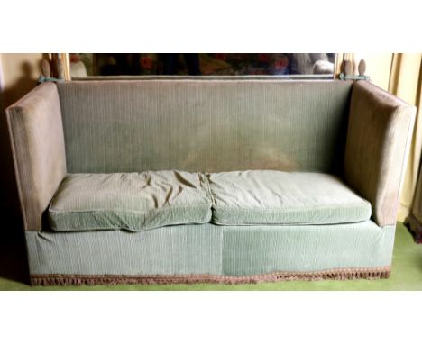 A 19th Century Victorian Knole Sofa, of typical form, in light green fabric with tassel edging, with loose cushions. (1)