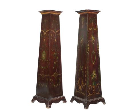 A pair of attractive Edwardian painted pillar Plinths, with square top decorated in the Adams taste, on bracket feet, each ap