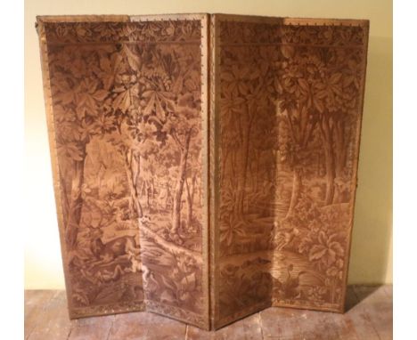 A four fold Edwardian Tapestry Screen, with hunting scenes, and a green painted wooden Barrack Room Armchair. (2)