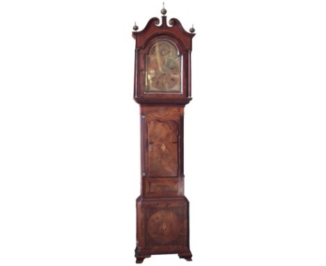 A 19th Century mahogany cased Grandfather Clock, the swan neck capital with heavy brass finials over an arched door housing a