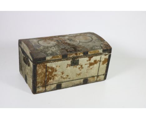 A large 18th Century hide covered Trunk, brass studded, and with initials D.R., and a smaller dome top brass studded Dowry Tr