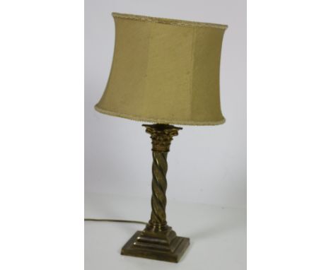 A brass Table Lamp, with Corinthian column pillar on step base with cream shade. (1)