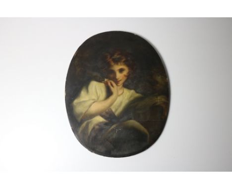 Early 19th Century English School - RomneyOval, "Lady Hamilton holding a Bird," O.O.C., 74cms x 59cms (29" x 23") unframed. (