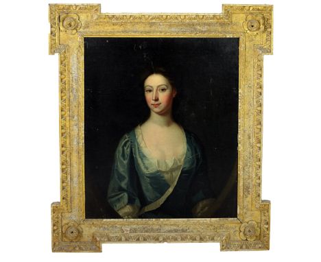 Attributed to Anthony Lee18th Century Irish SchoolHalf length "Portrait of lady wearing low cut blue satin dress, Mrs. Captai