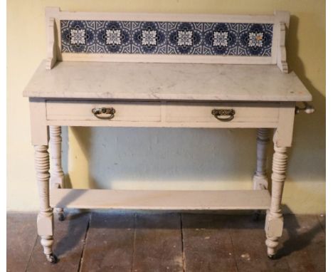 A painted marble top Wash Stand, an oak Dressing Table, and a pair of wooden trellis Stands and one other item. (5)