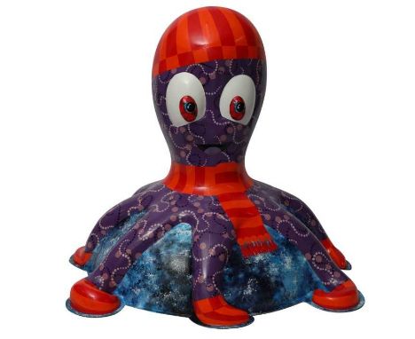 Octo-brrr! by Amy Bourbon – Purple octopus character on blue base with woolly hat, scarf and gloves
