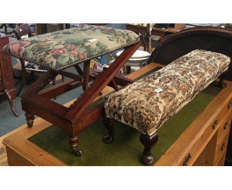A 19th century mahogany adjustable footstool on brass casters, 52cmW; together with a long foot stool, 94cmW 