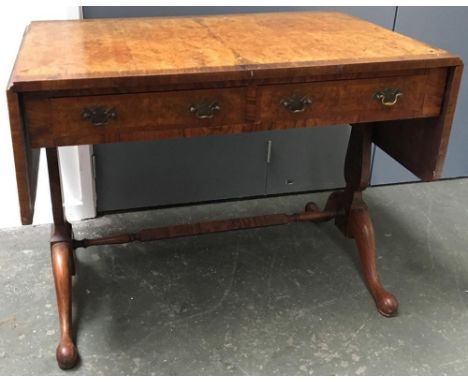 A burr walnut sofa table, cross banded, two frieze drawers, 95cmW 