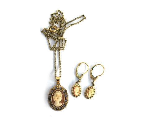 14ct rolled gold cameo pendant on chain together with 14ct rolled gold cameo earrings, gross weight 5.6g 