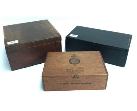 Three wooden boxes: one a cigar box marked Royal Fusiliers, together with various wooden boxes, one containing a boxed vintag
