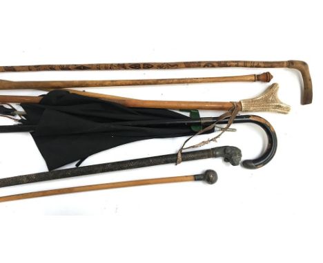A number of walking canes, one with horn handle, a vintage parasol, a riding crop with the top modelled as a foxhound, etc 