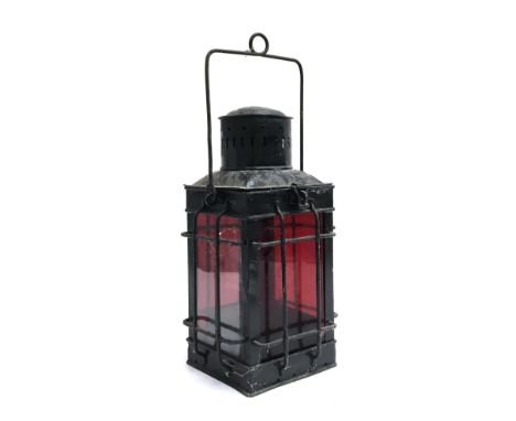 A 19th century lantern, with two red glass panels and two clear, height excluding handle 38cm 