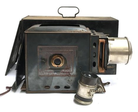 An early electric slide projector, with bulb, in black metal case 