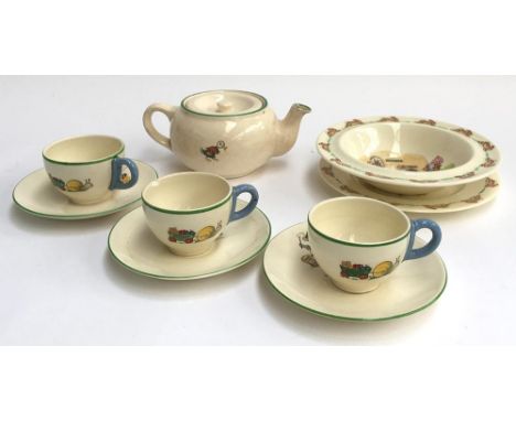 A Wacol England children's tea service comprising of teapot, three cups and three saucers with nursery rhyme decorations; tog