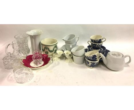 A mixed lot of teawares to include Churchill willow pattern, various continental ceramics; together with some Coalport, Wedgw