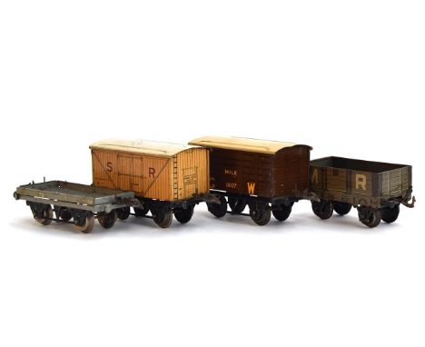 A Hornby O gauge No. 0 GW Milk Van, '28127', together with a Hornby O gauge Refrigerator Van, 'SR 50494'; Hornby O gauge N E 