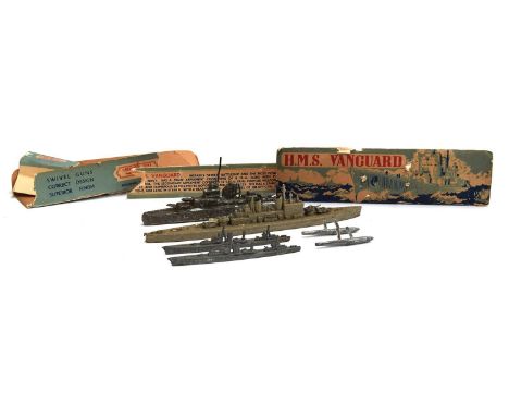 A Crescent toys lead HMS Vanguard Scale Model waterline battleship, with remnants of original box, c.1947; together with thre