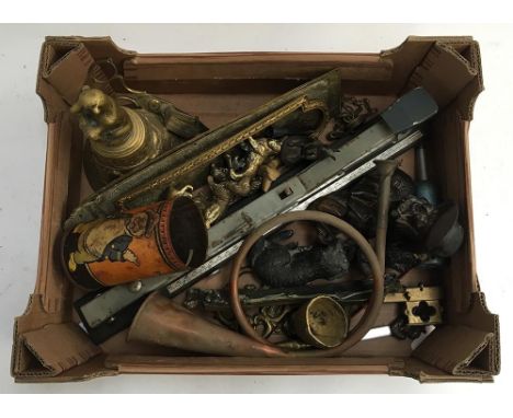 A mixed lot of interesting things, mainly brass, to include scissor action snuffers; door plates; bell; long stapler; dog fig