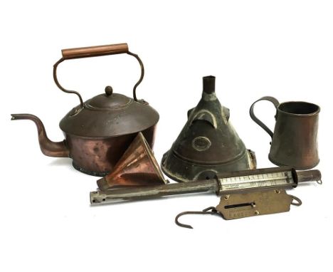A number of copper items to include a copper kettle; an unusual funnel 'Reliance Dolly Tub'; a fruit bottling thermometer; an