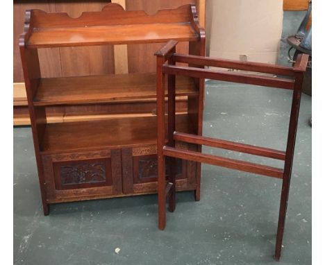 An oak stick stand; small mahogany towel rail; and small bookshelf of two shelves (3) 