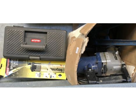 A Firm FEH-620 hammer drill; together with bolt croppers, brazing torch; and small Curver toolbox with tools 