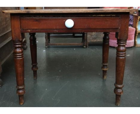 A 19th century stained pine table, single frieze drawer with large ceramic knob, 91x62x75cmH 