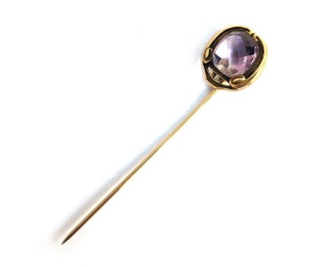 Gold stick pin (hallmarked rubbed), set with cut amethyst, gross weight 3.4g 