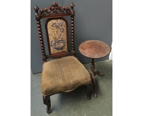 A small bedroom chair with bobbin turned supports, oak tripod table, and open armchair with caned back (3) 