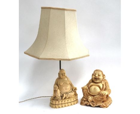 A resin seated buddha, 20cmH; together with a bakelite buddha lamp with shade 