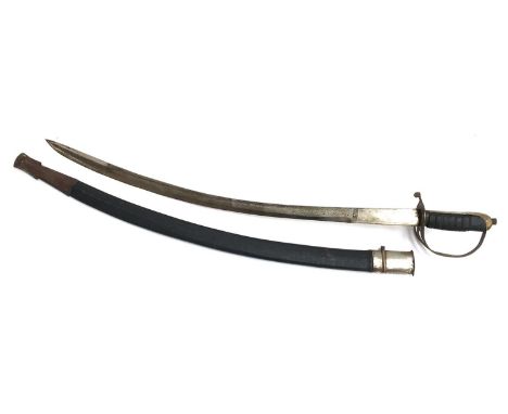 A reproduction sabre with pierced hilt and leather scabbard 