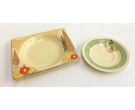A Clarice Cliff Bizarre 1930s Capri pattern large rectangular bowl, and a Fantastique Stroud pattern saucer, both with factor