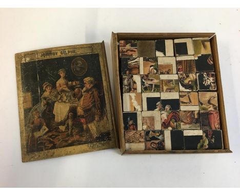 A Victorian 'Johnny Gilpin' wooden block lithograph puzzle, with wooden case (af) 