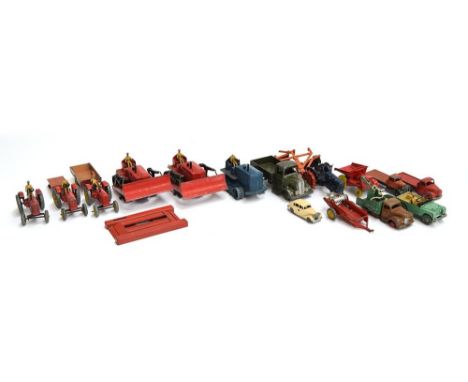 A quantity of farm related Dinky Toys, to include a Heavy tractor (563), two Blaw Knox Bulldozers (561), three Massey Harris 