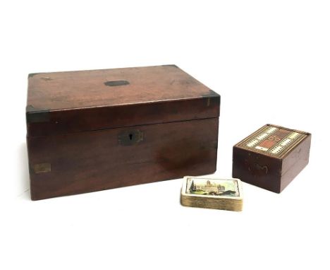 A 19th century writing box with brass corners and vacant plaque; together with a bone cribbage set, 30cmW 