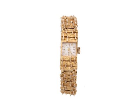 JEAN RENET NINE CARAT GOLD MANUAL WIND WRIST WATCH the square dial with baton hour markers, 10mm case, on a textured bracelet