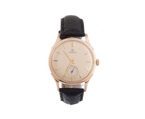 OMEGA EIGHTEEN CARAT ROSE GOLD MANUAL WIND WRIST WATCH the round rose coloured dial with baton hour markers, 34mm case, on a 