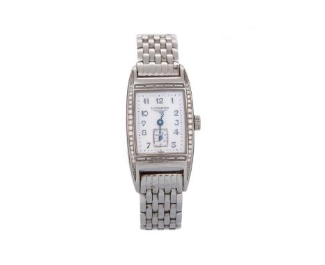 LONGINES BELLEARTI STAINLESS STEEL DIAMOND SET QUARTZ WRIST WATCH the mother of pearl dial with Arabic hour markers, outer se