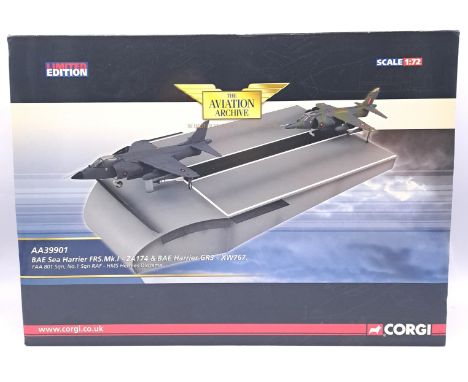 Corgi Aviation Archive, a boxed 1/72nd scale AA39901 BAE Sea Harrier FRS.MK1-ZA174 and BAE Harrier GR3-XW767, FAA 801 Squadro