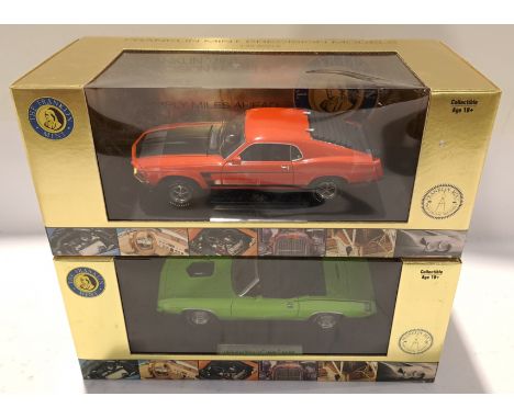 The Franklin Mint, a boxed Pair of 1:24 Scale American Car Models. Includes 1969 Ford Mustang Boss 302 &amp; 1970 Plymouth He